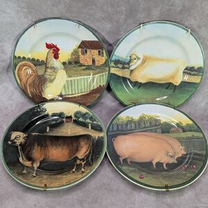 Block Country Farm Plates by Gear Set Of 4 Rooster Pig Cow Sheep 1995 Hangers